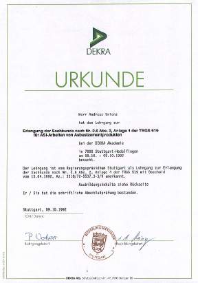 Zertifikat für ASI-Arbeiten von Asbestzementprodukten bei der DEKRA-Akademie