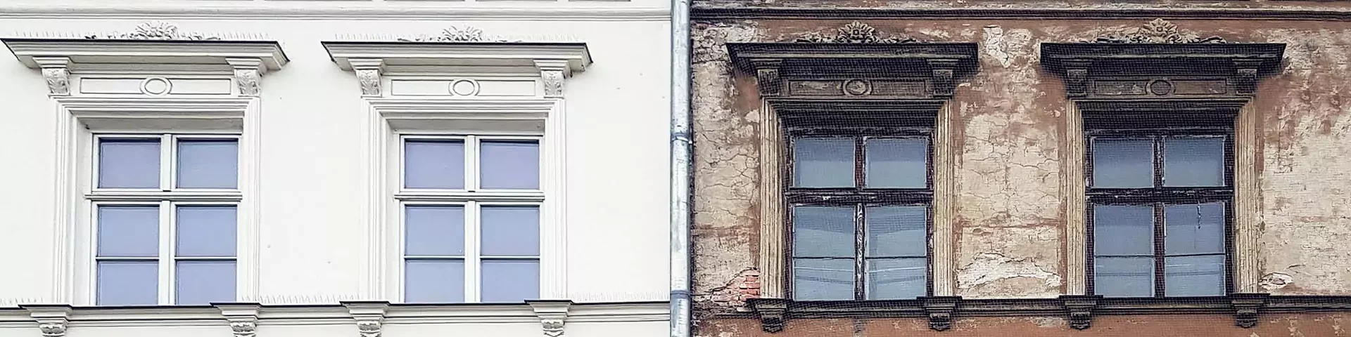 Vergleich zweier Fassadenhälften eines Gebäudes: links frisch restauriert mit hellen, glatten Wänden und weißen Fensterrahmen, rechts alt mit abblätterndem Putz und dunklen Fensterrahmen.